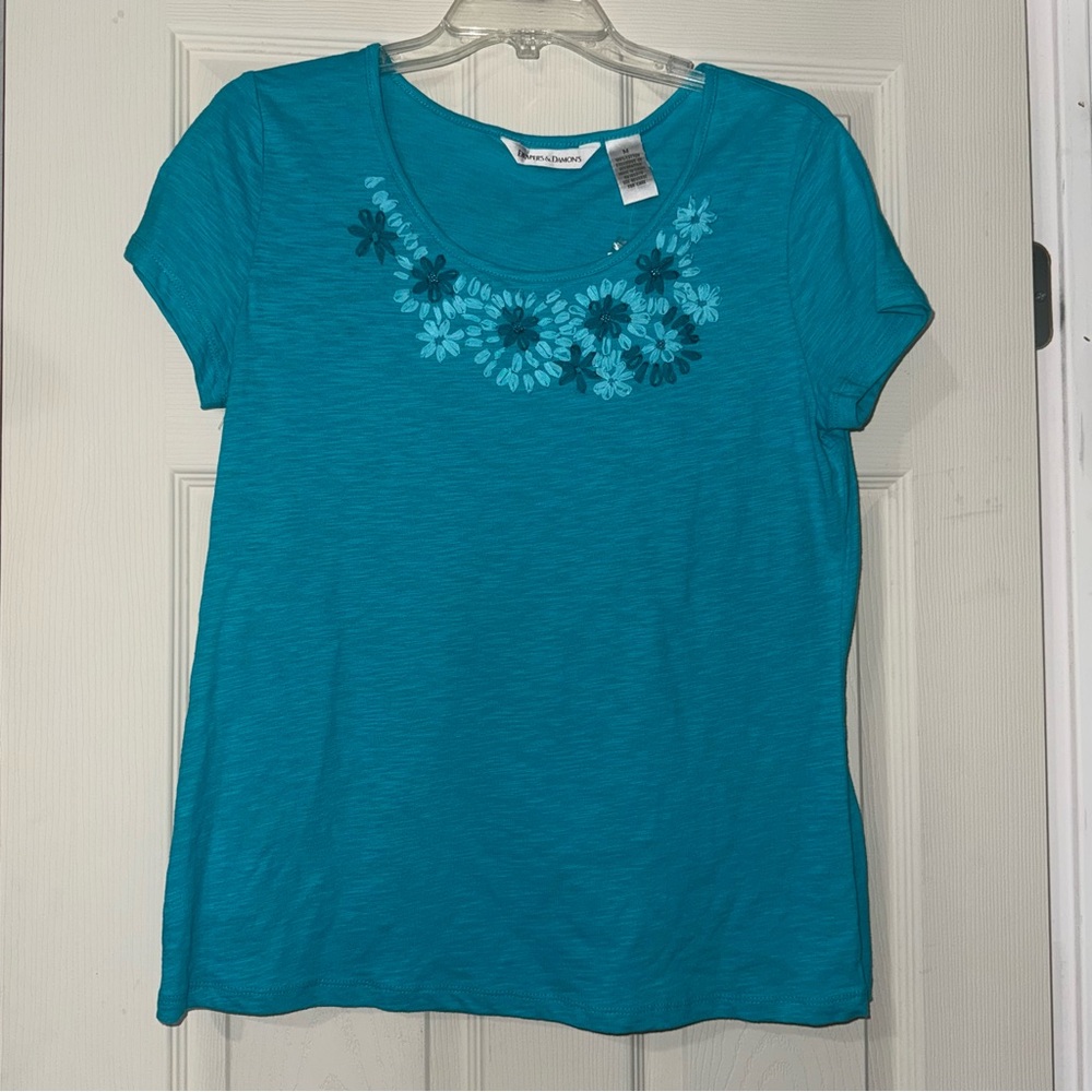 NWT Women's Teal Embroidered Beaded Floral Top Size M